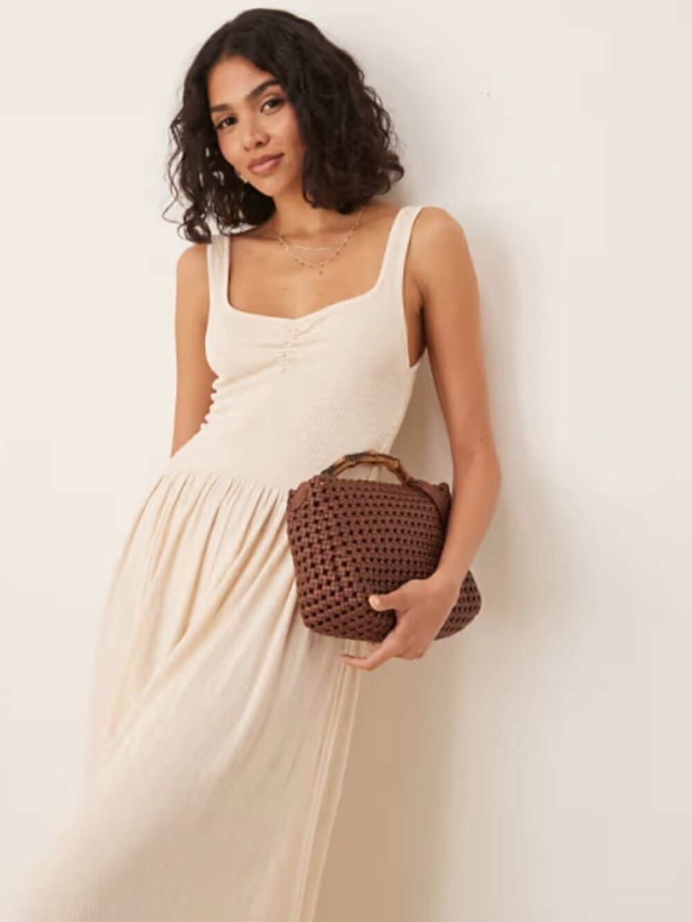 ASOS DESIGN Crinkle Sweetheart Neck Midi Dress in Stone